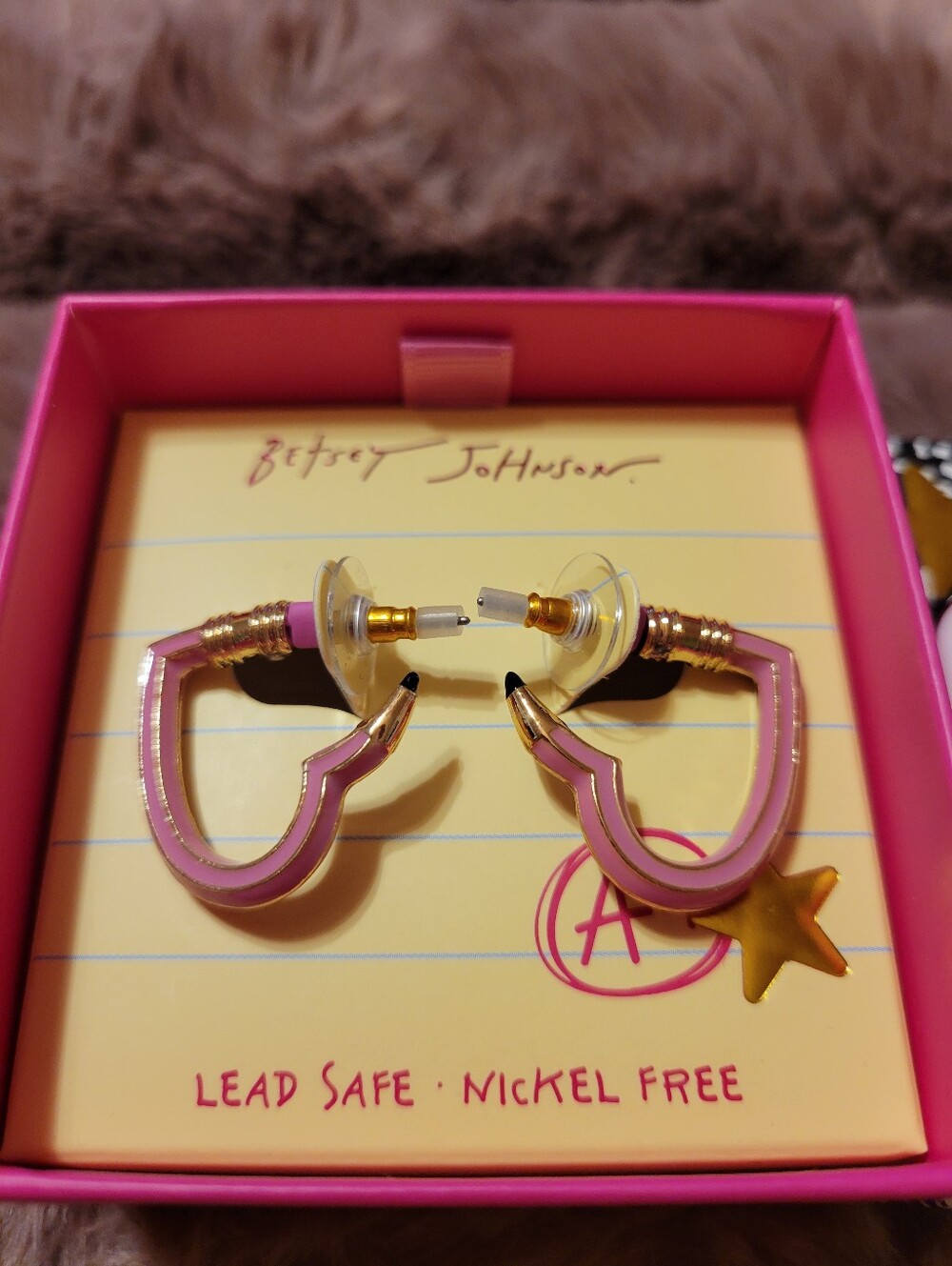 Betsey Johnson Pink Heart-Shaped Hoop Earrings with Gold Accents